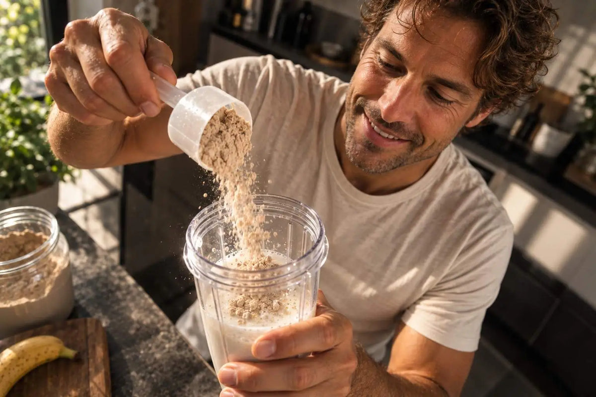 A man is making himself a protein shake after his workout
