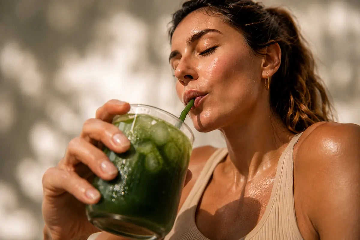 A woman drinking a supergreens drink